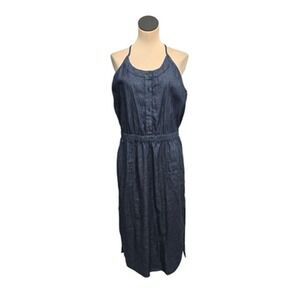 Prana Dress Womens Large Blue Sleeveless Midi Organic Cotton Button Front Casual